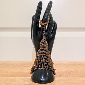 NWT Beckwoman Orange Bead Silvertone Chain Bracelet with Ring Hathphool